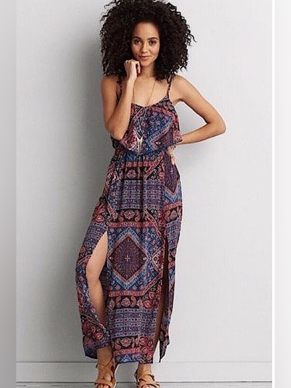 AMERICAN EAGLE OUTFITTERS Boho Maxi Dress with Side Slit - Purple Pattern size M